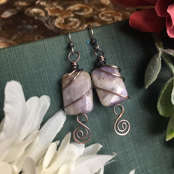Amethyst bead copper wire wrap earrings 925 silver - Picture 3 of 5